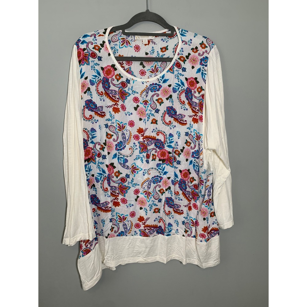 Suzanne Betro Blouse Top Women 4X White Paisley Floral Mixed‎ Media Long Sleeve